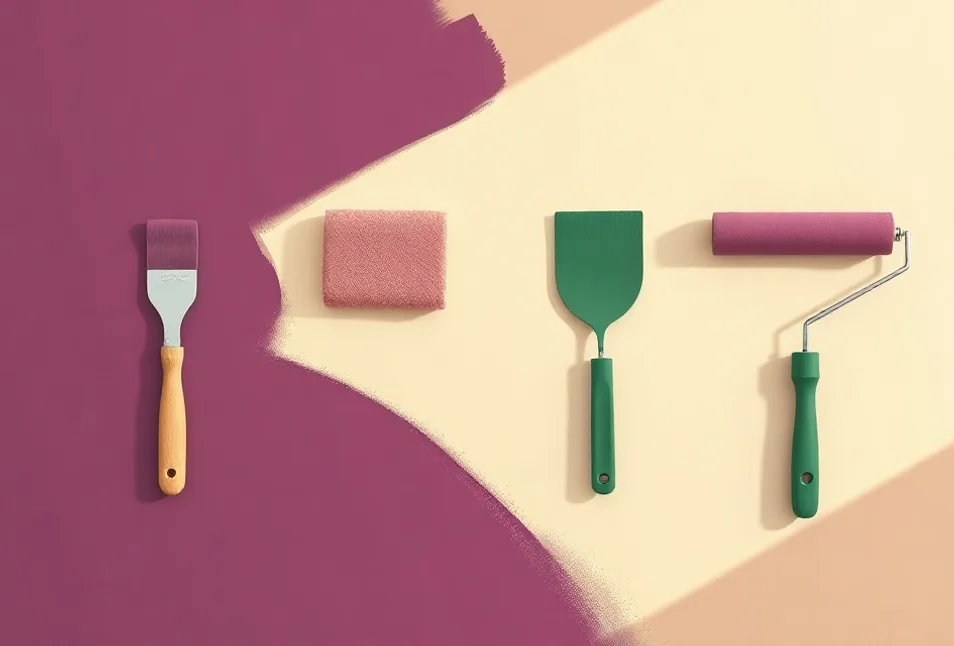 Outils de peinture disposés dans l'ordre des étapes du chantier