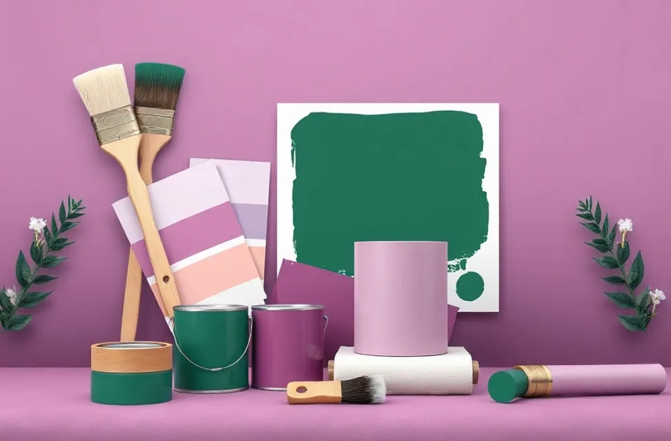 Pots de peinture, nuancier, brosses et rouleaux disposés à plat