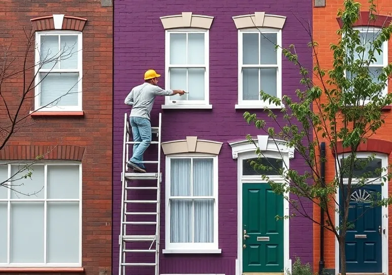 Peintre sur échafaudage traitant la façade d'une maison