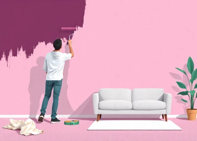 Peintre appliquant la peinture au rouleau sur un mur de salon